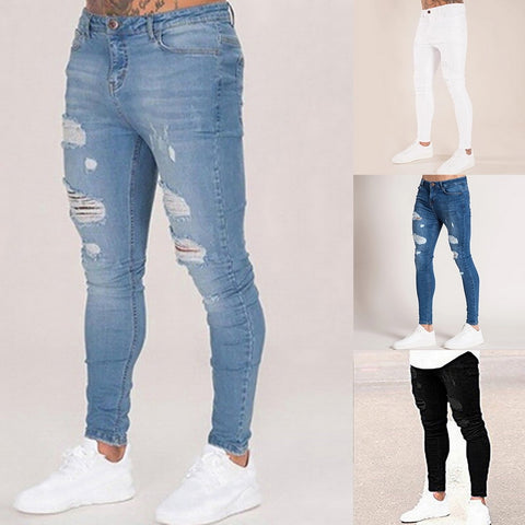 Oeak Mens Solid Color  Jeans 2019 New Fashion Slim  Pencil Pants Sexy Casual Hole Ripped Design Streetwear